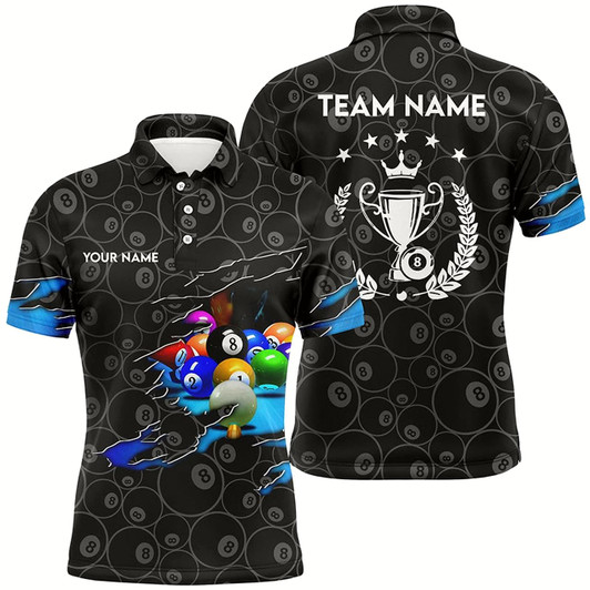 Goofygear Personalized Billiard Player 3D Polo Shirts For Men, Custom 8 Ball Pool Trophy Emblem Jerseys