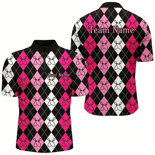 Goofygear Pink Argyle Pattern Bowling Shirts For Men, Custom Bowling Uniforms
