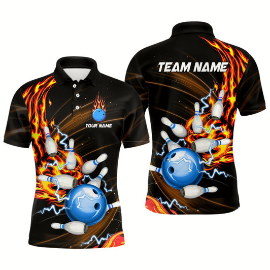 Goofygear Mens Bowling Shirts Custom Orange Flame Blue Bowling Ball And Pins Team League Bowler Jerseys