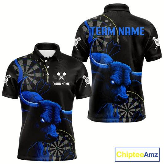 Goofygear Blue Ferocious Bull Grunge Dartboard Darts Shirt For Men - Custom Name & Team Jersey