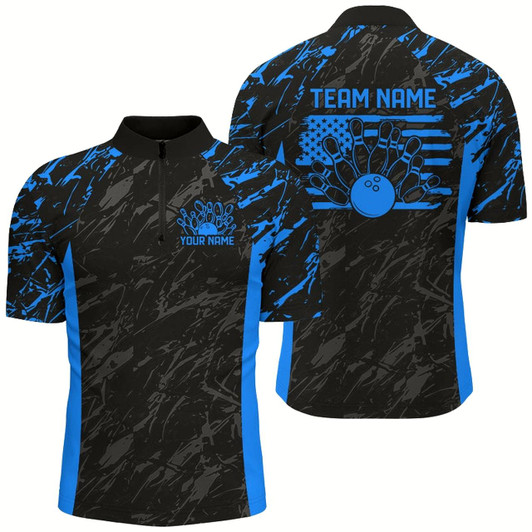 Goofygear Black And Blue Camo Custom Patriotic Bowling Shirts For Men, American Flag Us Bowling League Shirt