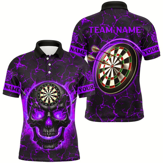 Goofygear Personalized Fire Flame Skull Magma Pattern Men Dart Shirts, Dart League Shirt Team Jersey Purple