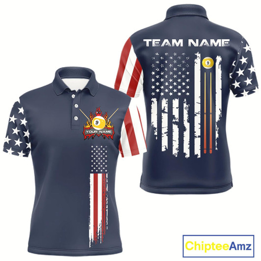 Goofygear Personalized American Flag Blue Navy 9 Ball Pool Team Shirt For Men Custom Patriotic Billiard Shirt Style 1