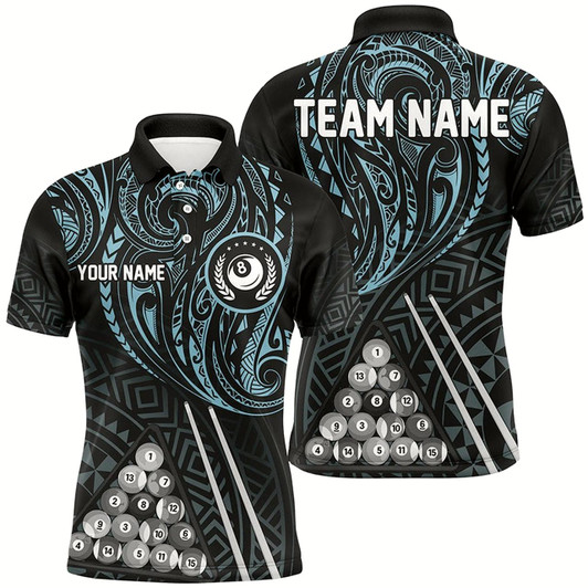 Goofygear Personalized Blue Tribal 8 Ball Billiard 3D Polo Shirts For Men, Custom Name Billiard Jerseys