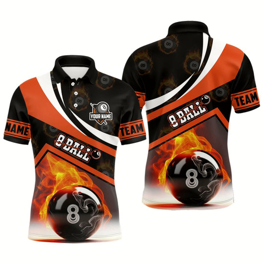 Goofygear Personalized 8 Ball Pattern Flame Billiard Orange 3D Polo Shirts For Men, Custom Billiards Jerseys