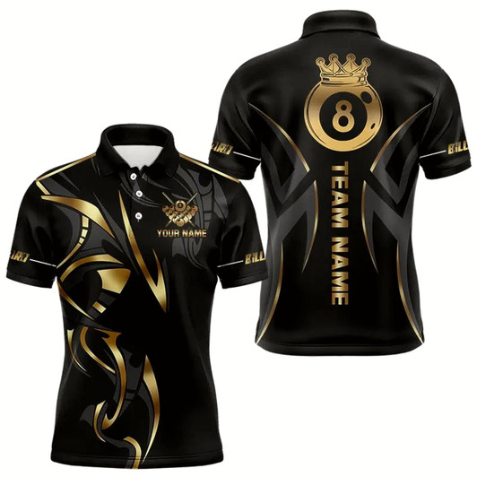 Goofygear Customized 8 Ball Pool Crown Men Billiard Shirts, Gold And Black Billiard Team Shirt Pool Jerseys