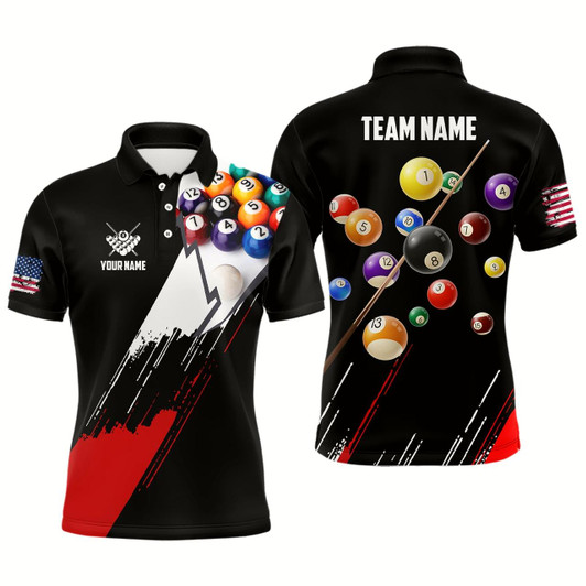 Goofygear Personalized 8 Ball Pool Player Billiard Polo Shirts For Men, Black Red Us Flag Billiard Jerseys