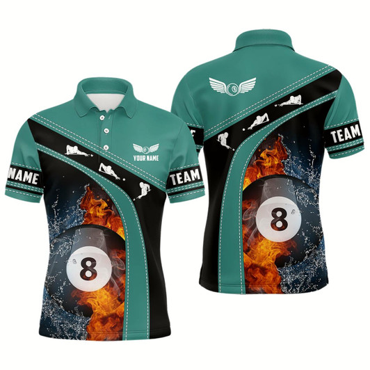 Goofygear Personalized Fire And Water 8 Ball Billiard Green Black 3D Polo Shirts For Men, Billiards Jerseys