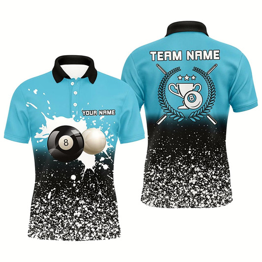 Goofygear Personalized Blue White Paint Splash 8 Ball Billiard 3D Polo Shirts For Men, Billiards Jerseys
