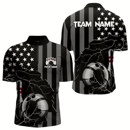 Goofygear Personalized Black American Flag Lightning Thunder Custom Bowling Team Shirts For Mens Bowling Jersey