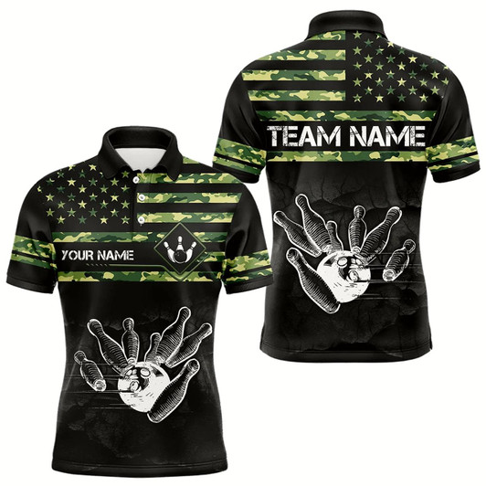 Goofygear Personalized Green Camo American Flag Custom Bowling Team Shirts For Mens, Bowling League Jersey