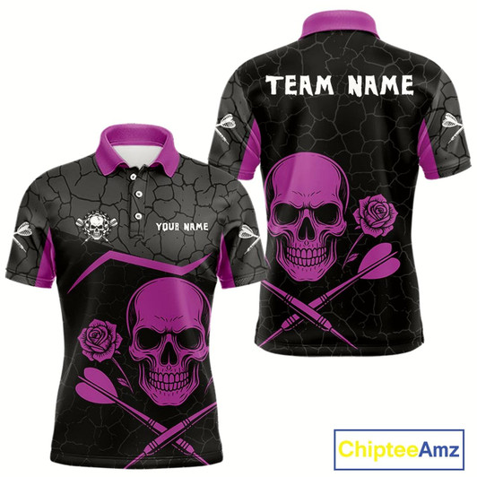 Goofygear Purple Roses Skull & Black Cracked Pattern Darts Shirt For Men - Custom Team Name