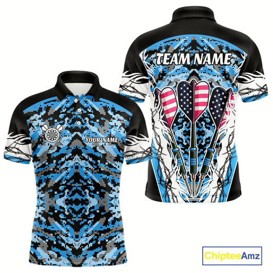 Goofygear Blue Grunge Camo Funny Us Flag Arrows Darts Shirt For Men Custom Darts Jersey Team Shirts Style 1