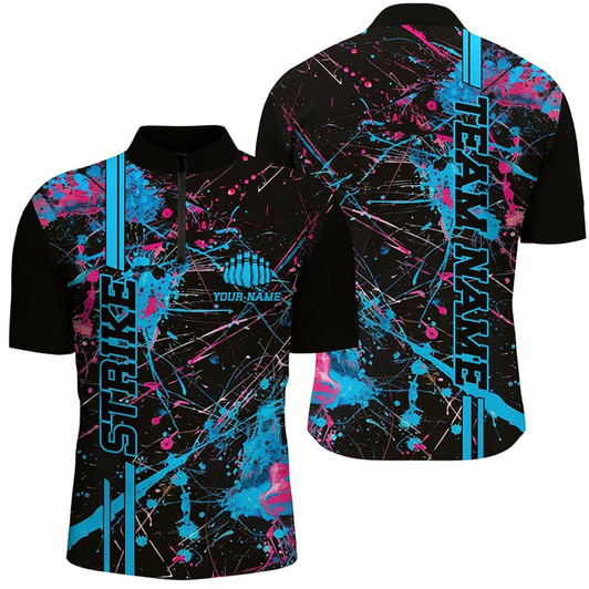 Goofygear Custom Blue And Pink Strike Bowling Shirts For Men , Camo Bowling Team Jerseys Style 1