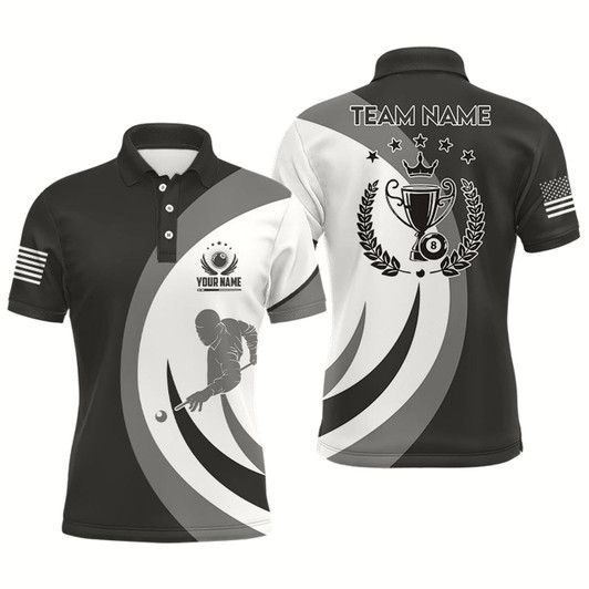 Goofygear Personalized Us Flag 8 Ball Billiard Polo Shirts For Men, 8 Ball Trophy Emblem Billiards Jerseys