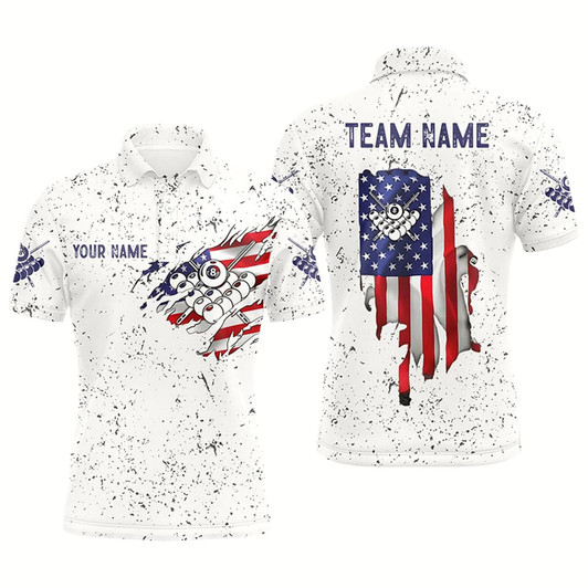 Goofygear Personalized Us Flag 8 Ball Billiard White Grunge 3D Polo Shirts For Men, Custom Billiards Jerseys