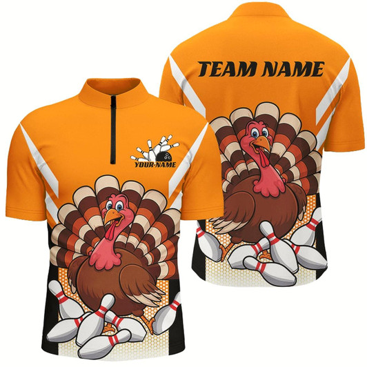 Goofygear Custom Yellow Funny Turkey Bowling Team Shirts For Men, Thanksgiving Bowler Outfits Style 1