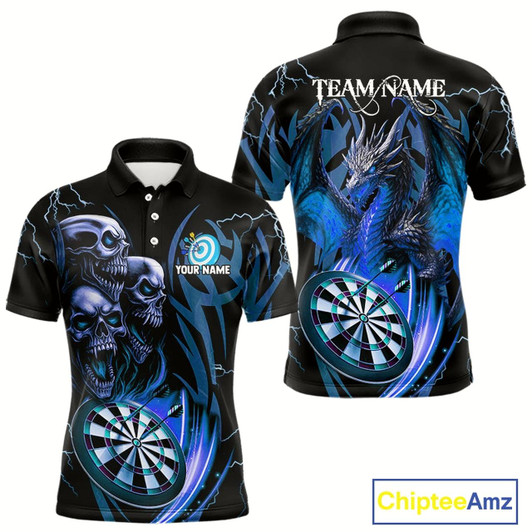 Goofygear Personalized Skull & Dragon Darts Shirt For Men Custom Lightning Dartboard Team Jersey Blue