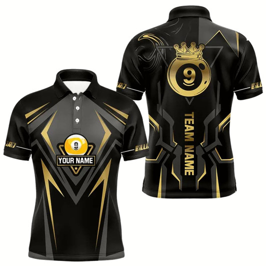 Goofygear Customized 9 Ball Pool Crown Men Billiard Shirts, Gold And Black Billiard Team Shirts, Pool Jerseys