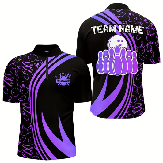 Goofygear Black Mens Bowling Shirts Custom Purple Neon Team League Bowling Jerseys, Gifts For Bowlers
