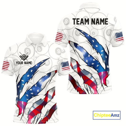 Goofygear Custom Glowing American Flag 8 Ball Billiard Shirt For Men, Patriotic Billiard Team Jerseys White