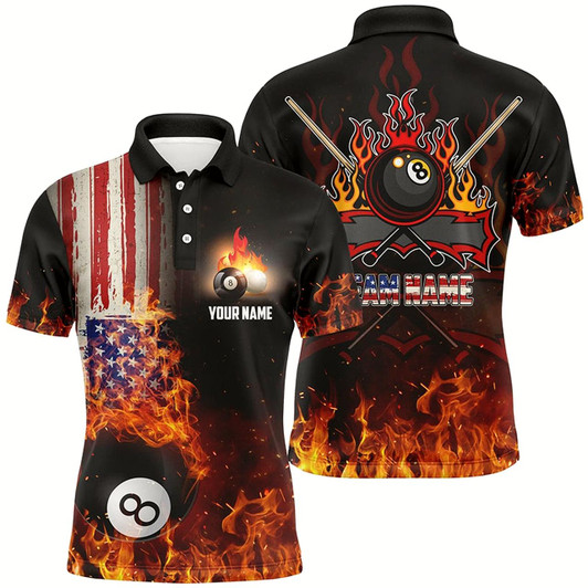 Goofygear Personalized Us Flag 8 Ball Pool On Fire Billiards 3D Polo Shirts For Men, Custom Billiards Jerseys