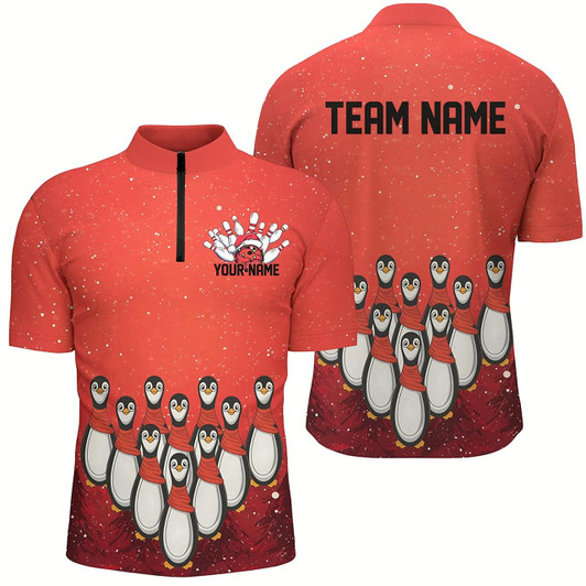Goofygear Custom Christmas Bowling Shirts For Men, Funny Penguin Bowling Pins Bowling Team Outfit Style 2