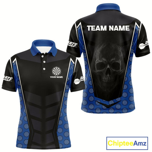 Goofygear White Fog Skull & Dartboard - Blue Darts Team Shirt For Men With Custom Name