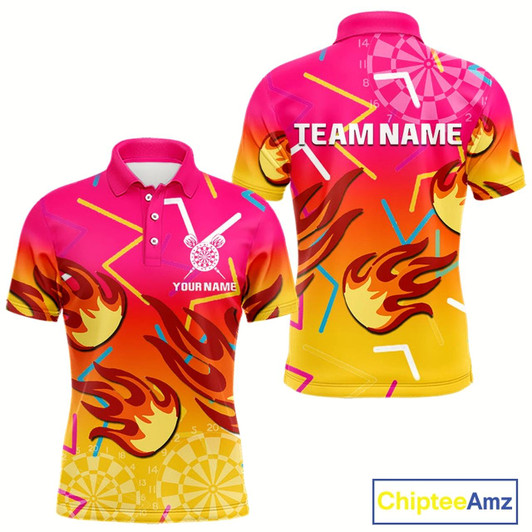 Goofygear Flames In Vibrant Pink & Yellow Darts Funny Shirt For Men - Custom Team Name