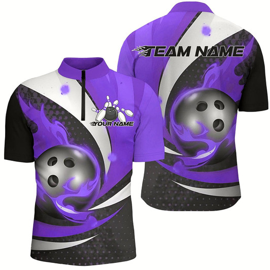 Goofygear Black And Purple Flame Custom Bowling Shirts For Men, Bowling League Shirts Bowler Outfits