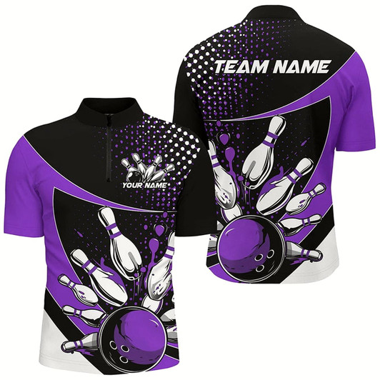 Goofygear Black And Purple Custom Bowling Uniforms Bowling Shirts For Men, Bowling Team League Shirts