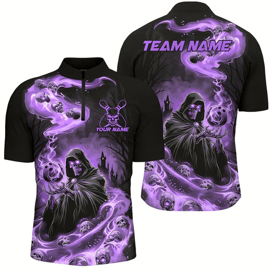 Goofygear Black And Purple Grim Reaper Custom Halloween Bowling Team Shirts For Men, Bowling Gifts Style 1