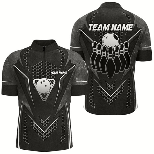 Goofygear Black Hexagon Pattern Bowling Ball And Pins Mens Bowling Shirts Custom Team Bowling League Jerseys