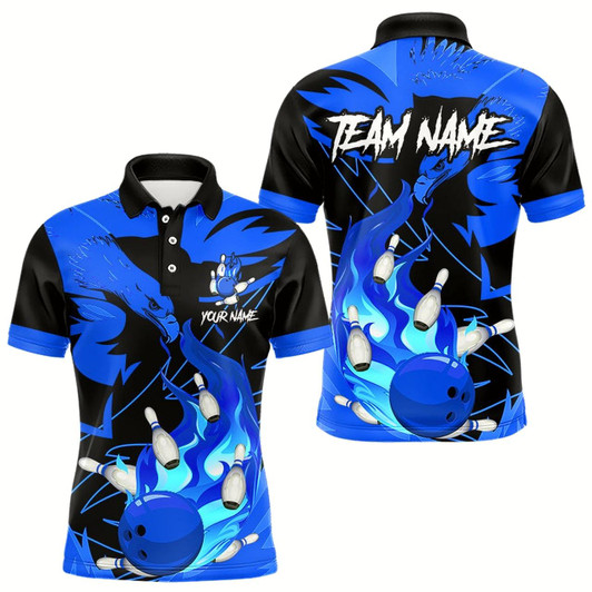 Goofygear Eagle Flame Bowling Ball And Pins Custom Mens Bowling Shirts, Team Bowling Jerseys Blue