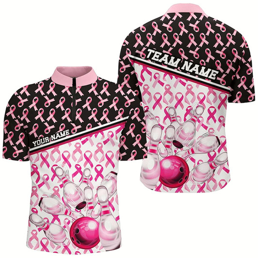 Goofygear Black And Pink Breast Cancer Awareness Ribbons Custom Bowling Shirts For Men Style 1