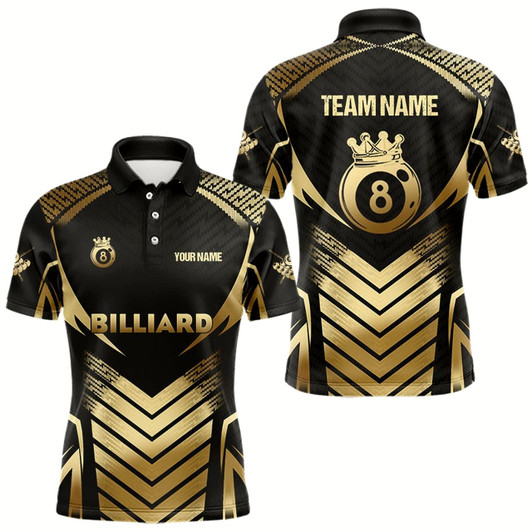Goofygear Customized 8 Ball Pool Crown Men Billiard Shirts, Gold And Black Billiard Team Shirts Pool Jerseys Style 1
