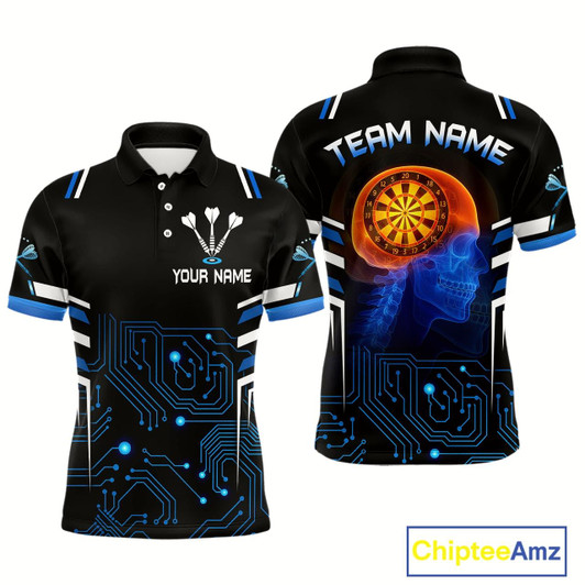 Goofygear Futuristic Darts Team Shirt For Men - Skull Head & Neuro Tech Style Custom Name Style 1