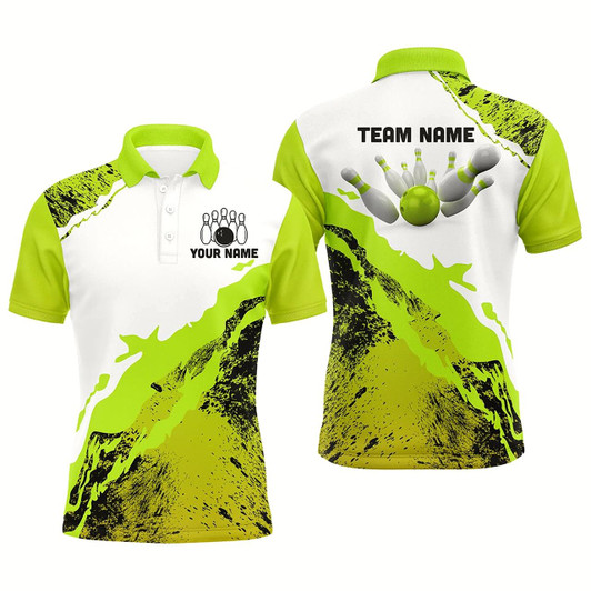 Goofygear Green Grunge Mens Bowling Shirts Custom Bowling Ball And Pins Team League Jerseys, Gifts For Bowlers