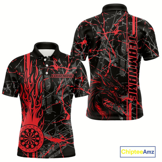 Goofygear Red Grunge Dart Jerseys For Men, Fire Flame Dart Board Custom Name Dragon Darts League Shirts