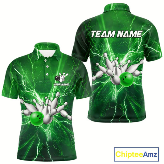 Goofygear Men'S Bowling Shirts Custom Green Lightning Thunder Bowling Team Jersey, Gift For Team Bowlers