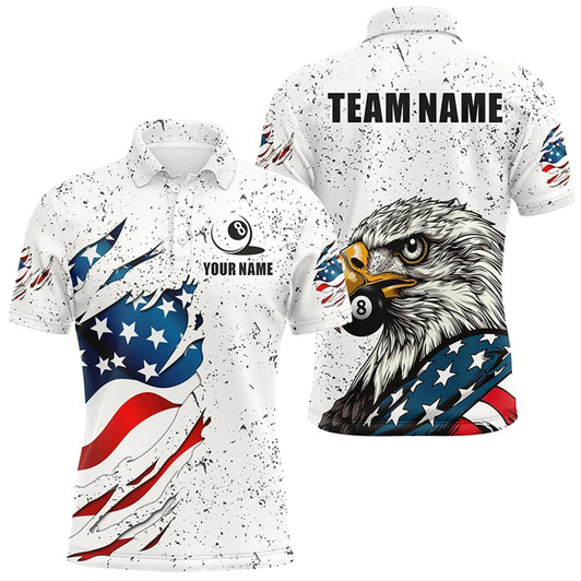 Goofygear White Grunge Eagle American Flag Custom Billiard Shirts For Men, Patriotic Billiard Team Shirts