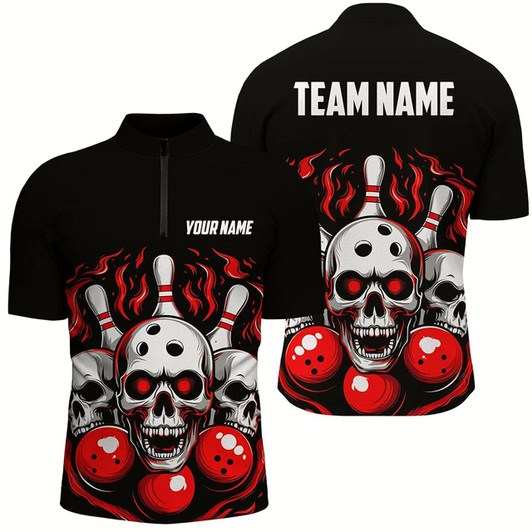 Goofygear Custom Red Skull Bowling Team Shirts, Flame Bowling Jerseys Bowlers Shirts For Men Style 2