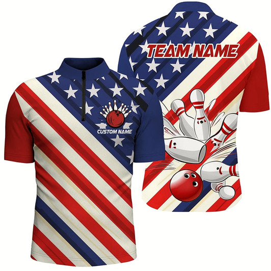 Goofygear Custom American Flag Team Bowling Jerseys For Men , Patriotic Strike Bowling Shirt