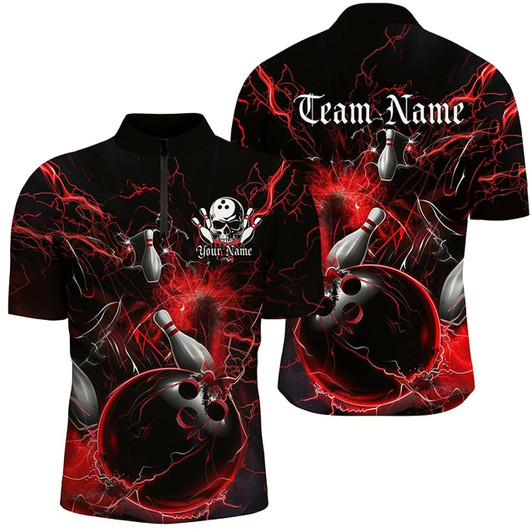 Goofygear Black And Red Thunder Lightning Custom Bowling Shirts For Men, Bowling Uniform For Bowling Team