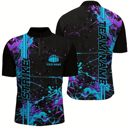 Goofygear Custom Blue And Purple Strike Bowling Shirts For Men , Camo Bowling Team Jerseys Style 2