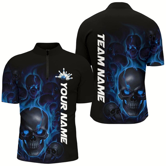 Goofygear Blue Smoke Flame Custom Skull Bowling Shirts For Men, Bowling Team Uniform Halloween Outfit
