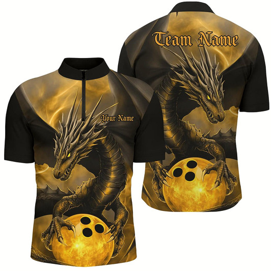Goofygear Black And Gold Custom Dragon Bowling Shirts For Men, Dragon Bowling League Shirts Outfits Style 2