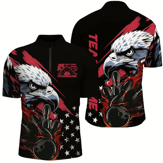 Goofygear American Flag Eagle Custom Patriotic Us Flame Bowling Shirts For Men, Black Bowling Team Uniform