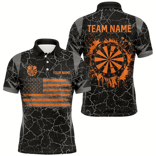Goofygear Personalized Orange Retro Us Flag Patriotic Men Dart Shirts, Crack Pattern Grunge Dart Jerseys