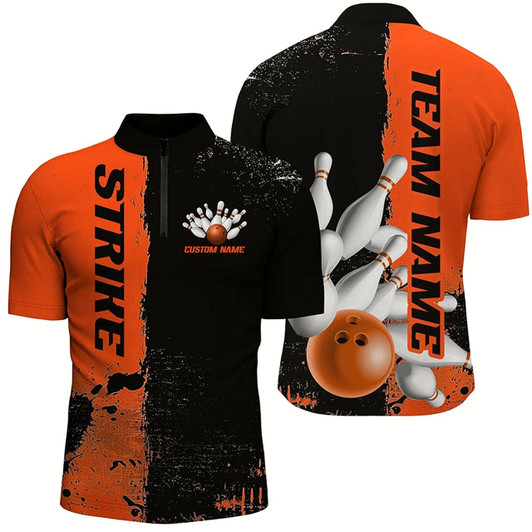 Goofygear Black And Orange Strike Bowling Team Shirts For Men , Custom Bowling Jerseys For Bowlers